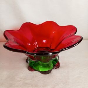 Vintage 1992 Teleflora Ruby Red Scalloped Glass Bowl w/Green